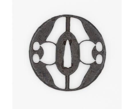 19th century iron sukashi tsuba, Shoami style Mumei Size: 8 x 8 x 0.5 cm (C) 3 x 0.9 cm Condition: Wear consistent with age. 