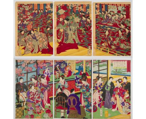 Set of 2 prints: Artist: Chikanobu Yoshu (1838-1912) Title: Contemporary Dancing at the Court / Viewing the Garden of Aoyama 