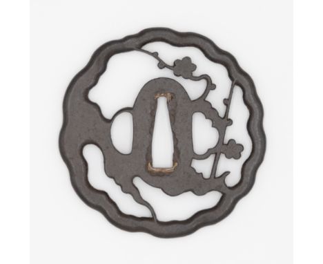 19th century iron tsuba with plum tree design Size: 8 x 8 x 0.5 cm (C) 2.8 x 0.8 cm Condition: Good for age. Ref: JG072412