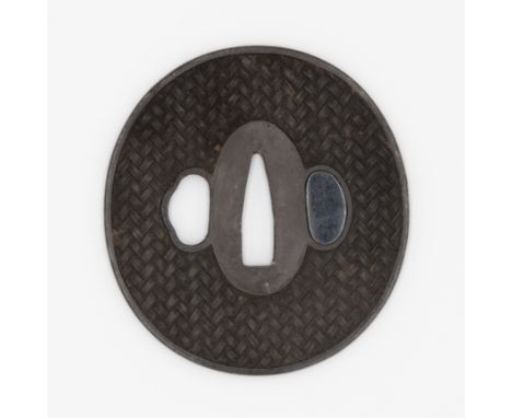 19th century iron tsuba with mesh-like pattern Size: 7.5 x 7 x 0.3 cm C: 2.5 x 0.6 cm Condition: Good for age. Ref: JG072401