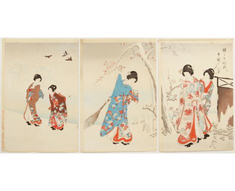 Artist: Chikanobu Yoshu (1838-1912) Title: Snow Sweeping Series title: High-Ranked Ladies of The Tokugawa Era Publisher: Hase