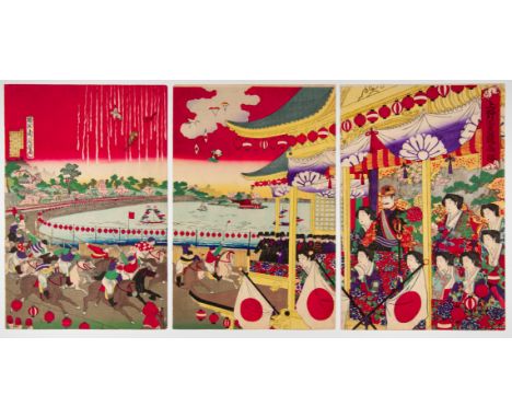 Artist: Chikanobu Yoshu (1838-1912) Title: Horse Racing at Shinobazu, Ueno Publisher: Fukuda Kumajiro Date: 1885 Size: (L) 35