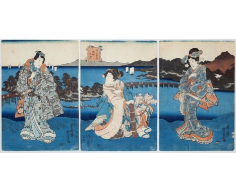 Artist: Kunisada II Utagawa (1823 - 1880) Title: Evening Glow at Seta Series: Eight Views of Omi Publisher: Tsutaya Kichizo D