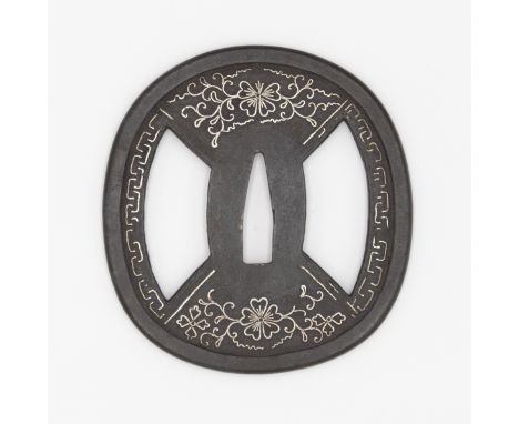 19th century iron Higo tsuba with karakusa pattern and cherry blossoms Size: 8.2 x 7.8 x 0.5cm (C) 2.8 x 0.8 cm Condition: So