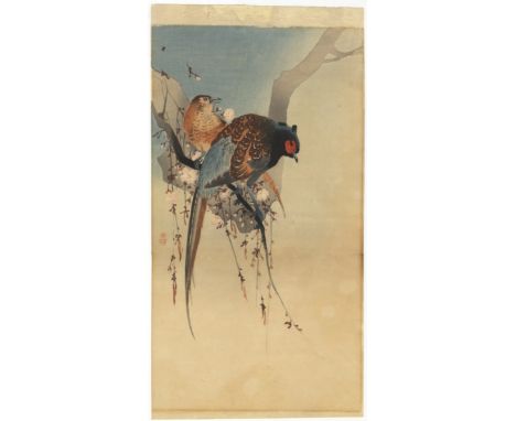 Artist: Koson Ohara (1877-1945) Title: Pair of Pheasants on Weeping Cherry Publisher: Daikokuya Date: Early 20th century Size