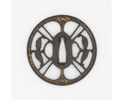 19th century iron sukashi tsuba Size: 7.9 x 7.8 x 0.5 cm (C) 2.8 x 0.9 cm Condition: Wear consistent with age. Ref: JG072402