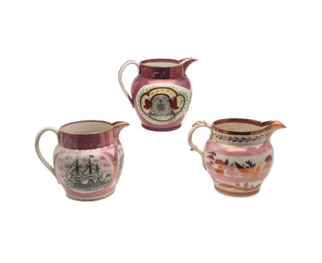 THREE LARGE 19THC SUNDERLAND LUSTRE JUGS - INCLUDING MASONS ARMS & SHIP JUG. THREE LARGE 19THC SUNDERLAND LUSTRE JUGS - INCLU