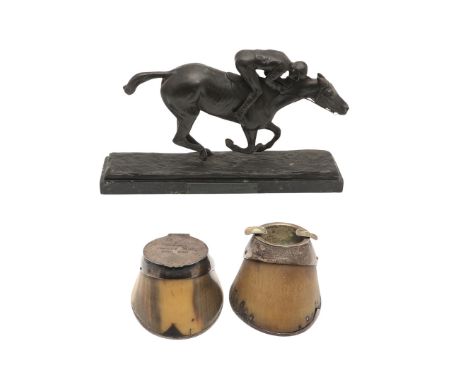 BRONZE SCULPTURE OF A HORSE &amp; JOCKEY, &amp; TWO INSCRIBED HORSES HOOVES. BRONZE SCULPTURE OF A HORSE &amp; JOCKEY, &amp; 