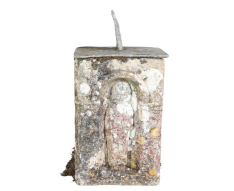 A FRENCH MEDIEVAL STYLE STONE PLINTH SUNDIAL. A FRENCH MEDIEVAL STYLE STONE PLINTH SUNDIAL. each side with carved upright fig