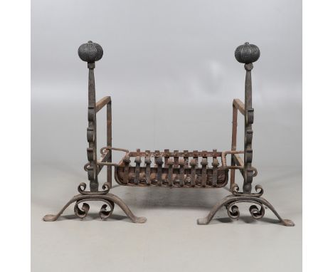 A PAIR OF GOOD SIZED 18TH CENTURY WROUGHT IRON ANDIRONS AND BASKET. A PAIR OF GOOD SIZED 18TH CENTURY WROUGHT IRON ANDIRONS A