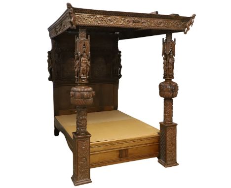 A JACOBEAN STYLE OAK AND MARQUETRY FOUR POSTER TESTER BED. A JACOBEAN STYLE OAK AND MARQUETRY FOUR POSTER TESTER BED. the pan