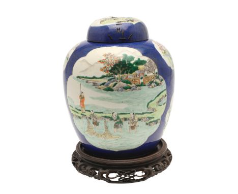 19THC CHINESE FAMILLE VERTE GINGER JAR. 19THC CHINESE FAMILLE VERTE GINGER JAR. A large late 19thc lidded ginger jar, with tw