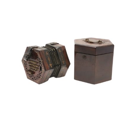 19THC CASED CONCERTINA. 19THC CASED CONCERTINA. A 19thc 48 button concertina, with rosewood fretwork ends and steel buttons, 