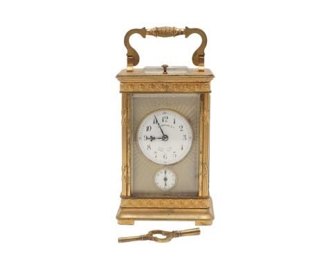 A 19TH CENTURY FRENCH REPEATER GILT METAL CARRIAGE CLOCK. A 19TH CENTURY FRENCH REPEATER GILT METAL CARRIAGE CLOCK. the circu