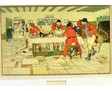 AFTER CECIL ALDIN 'The Hunt Breakfast' and 'The Hunt Supper' a pair of titled colour prints, 29 x 46.5cm, together with 'The 