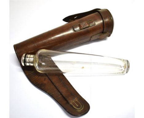 TAPERED GLASS FLASK  in leather holder for saddle mounting, length 15cm