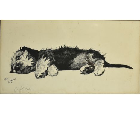 AFTER CECIL ALDIN  a sleeping Terrier, black and white print, signed in pencil lower left, 30 x 55cm
