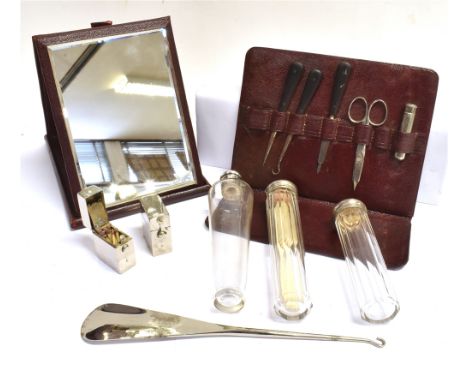 TAPERED GLASS FLASK without leather outer, folding travelling mirror, manicure items, two glass jars, match holder etc.