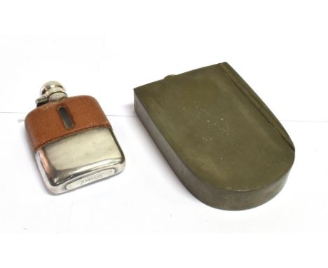 JAMES DIXON &amp; SON SHEFFIELD SMALL GLASS HIP FLASK  with screw top, half leather, mounted with detachable silver cup holde