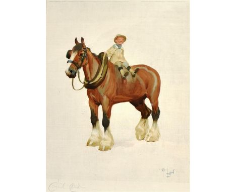 AFTER CECIL ALDIN A heavy horse with a plough boy sat astride, colour print, published Lawrence &amp; Bullen Ltd., London, si