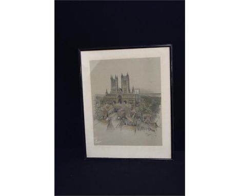 Cecil Aldin  (1870-1935) print of Lincoln Cathedral, pencil signed 