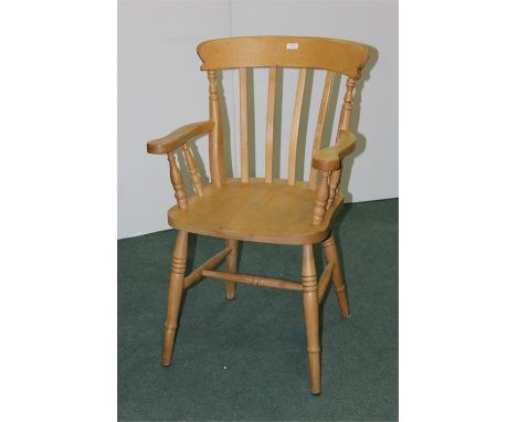 Light wood carver chair, with solid dished seat on turned legs