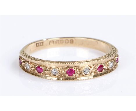 9 carat gold ruby and diamond set ring, with a row of rubies and diamonds, ring size O