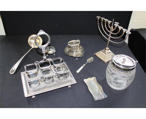 Quantity of plated items, ladle, Menorah,cruet holder, shell dish, etc, (Qty)