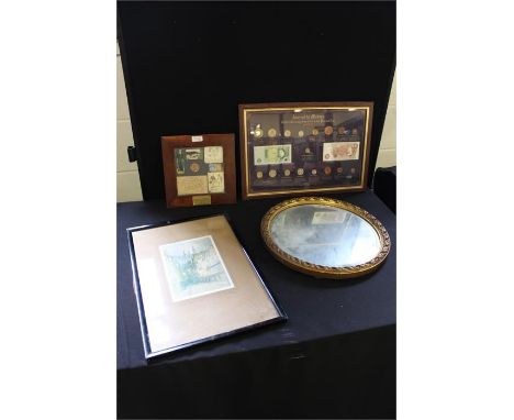 A framed collection of British currency, together with a framed collection of Victorian Miscellany,  a framed print of York M
