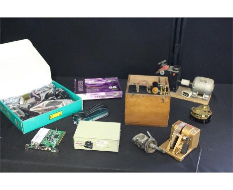 ASRock K7S41GX Motherboard with computer accessories, together with a box of vintage electrical equipment, (Qty)