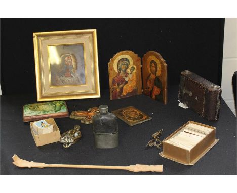 Works of art, to include Icons, a camera, a flask, cigarette cards and a door knocker, (qty)