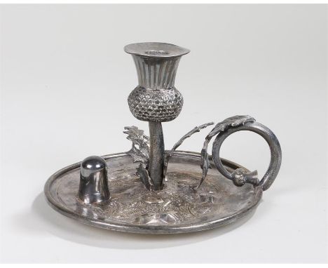 Scottish themed silver plated chamber stick, with a thistle for the candle holder and thistle scroll handle