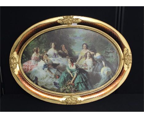 Reproduction oval print, 19th century ladies in a landscape, in a gilt frame, 93cm by 66cm