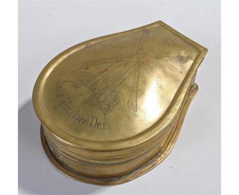 19th Century Dutch Brass table snuff box of horseshoe shape the lid inscribed Lux Umbra Dei ( Light is the meaning of God ) w