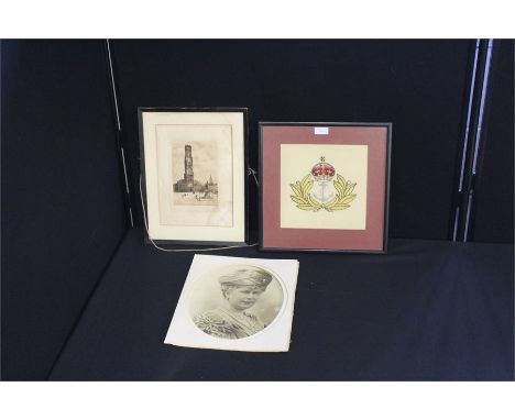 A WW2 era framed embroidered Royal Navy badge, together with a vintage framed print and a photo of Queen Mary, (3)