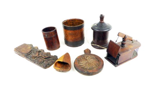 A Collection Of Antique Treen Items To Include A Delightful Early Mouse Trap With Metal Bars A