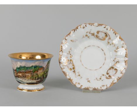 Ansichtentasse mit Untertasse, k. k. Privilegierten Porzellan und Thonwaarenfabrik zu Oberweis und Reinthal, Deutschland, um 
