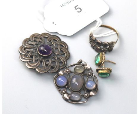 An Art Nouveau five stone chalcedony pendant, in Sibyl Dunlop case and antique half hoop row ring, a Celtic brooch and a pair