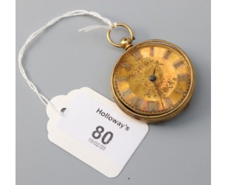 A Victorian 15ct gold pocket watch, machine turned dial, applied Roman numerals, fusée movement, reverse engine turned with v