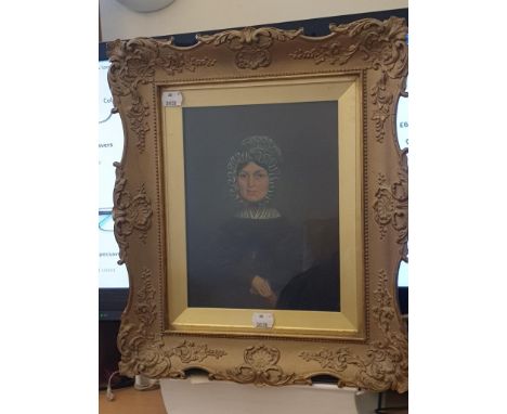 A 19th century English primitive portrait of a Mrs Bell in Victorian clothing and mob cap oil on board unsigned 24 x 18cm bea
