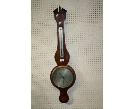 An early 19th century mahogany and coquillage inlaid two function barometer/thermometer, by J Sawyer of Huntingdon, 21cm dial