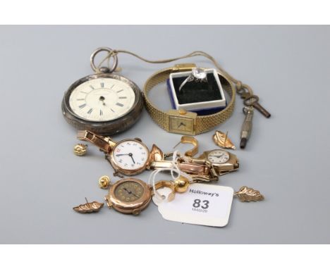 A lady's 9ct gold wristwatch, and two others, a late Victorian silver cased chronograph with white enamel dial and a small qu