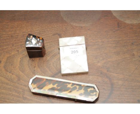 A 19th century blonde tortoiseshell and mother of pearl spectacle case, with hinged cover, 14cm long, together with a Victori