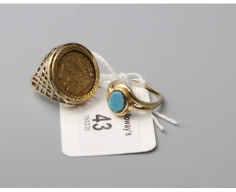 A coin set 9ct gold ring, in trellis pierced mount, ring size L 1/2, 6.7g, together with a single stone opal triplet ring, th