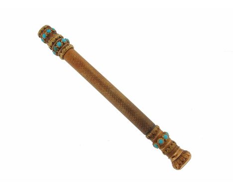 A Regency gold propelling pencil, with engine turned decoration and turquoise cabochons. The lapis lazuli seal engraved Mizpa