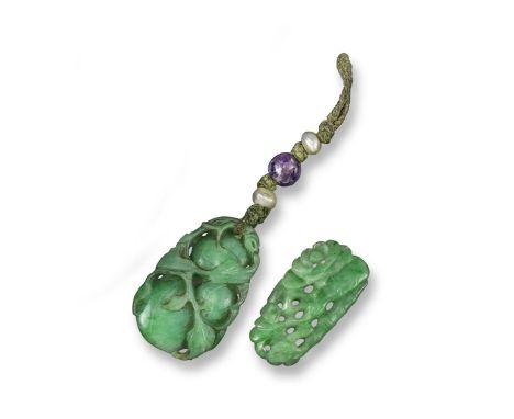 A carved and pierced jade pendant, suspended from two pearls and an amethyst bead, with an unmounted carved and pierced jade 