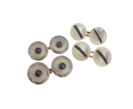 A pair of gold-mounted shell dress cufflinks, the circular concave shell links, each centred with a line of calibré-cut sapph