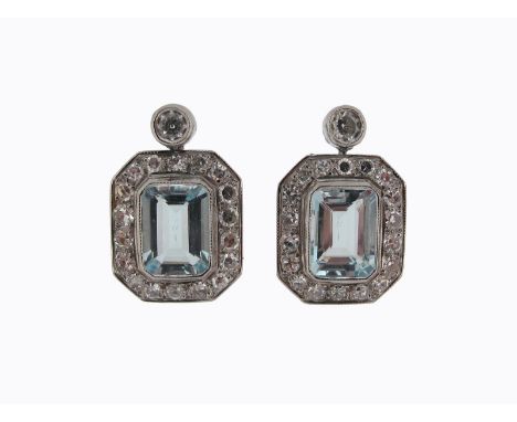 A pair of aquamarine and diamond earrings, the emerald-cut aquamarines are millegrain-set in white gold within a surround of 