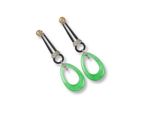 A pair of green stone hoop drop earrings, the oval hoops suspend from a black enamel section and set with rose-cut diamonds i