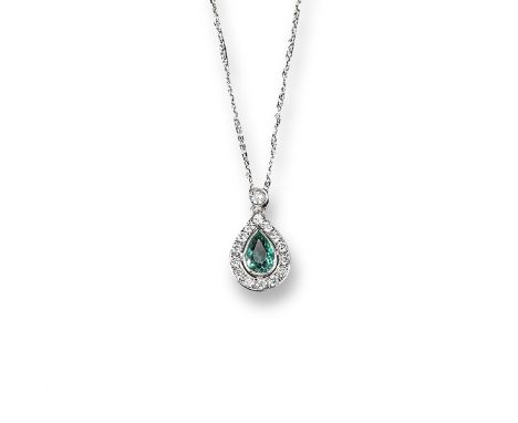 An emerald and diamond pendant, the pear-shaped emerald is set within a surround of round brilliant-cut diamonds and suspends